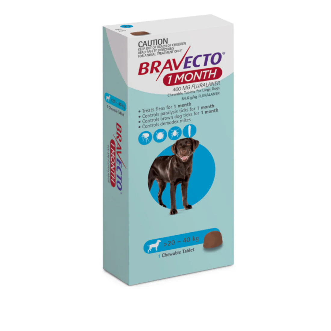 Bravecto 1 Mes para Perro de 20 a 40 Kg - 400 Mg - Antipulgas y Garrapatas