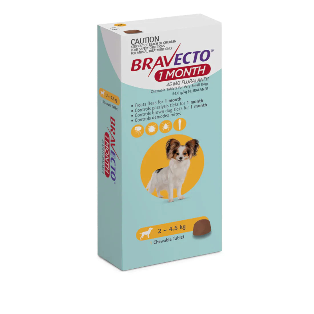 Bravecto 1 Mes para Perro de 2.0 a 4.5 Kg - 45 Mg - Antipulgas y Garrapatas
