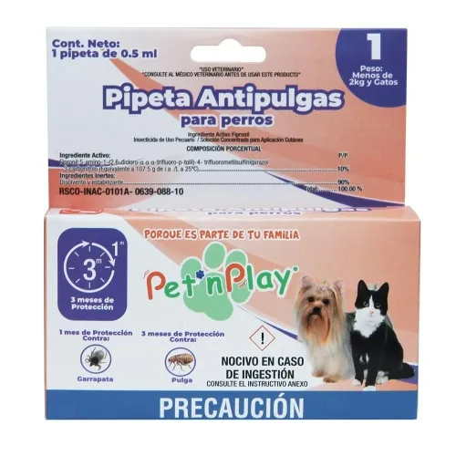 Pipeta Antipulgas y Garrapatas  Pet n Play para Gatos y Perros Pequeños