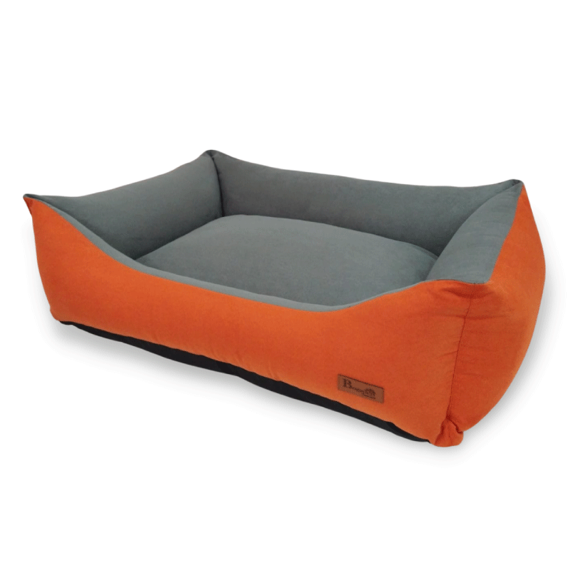 camas para perro naranja gris