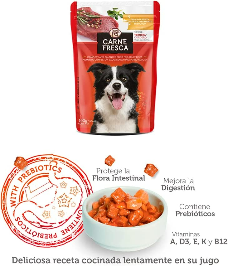 Alimento Húmedo para Perro Sabor Ternera y Cordero 100 Gr - Carne Fresca 12 Sobres